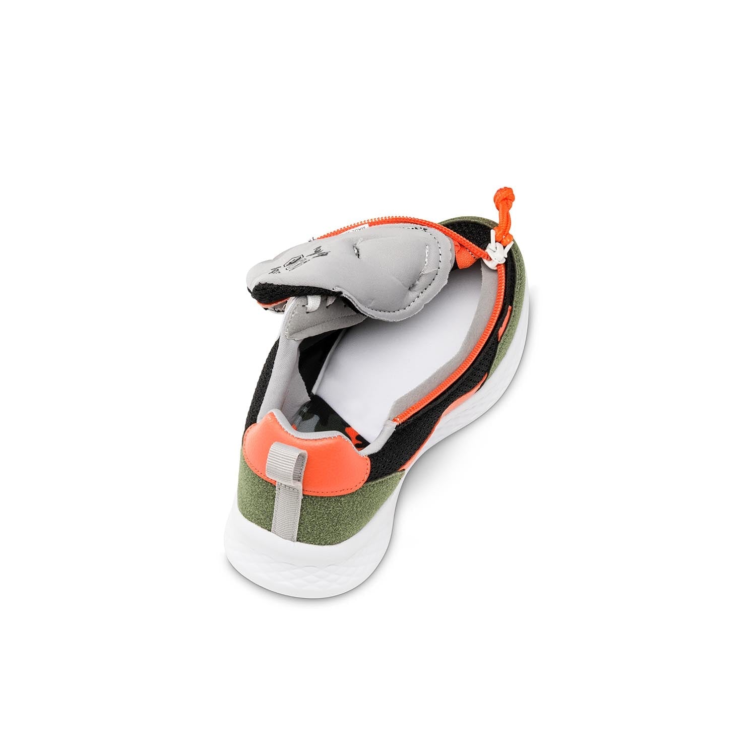 Orange, black and dark green kids shoe unzipped with front zipper access and white interior padding.