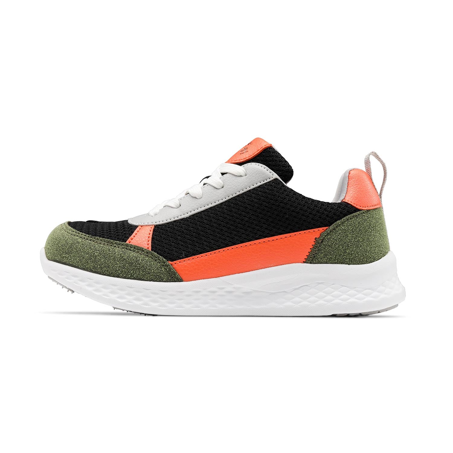 Orange, black and dark green kids shoe with white bottom and front zipper access.