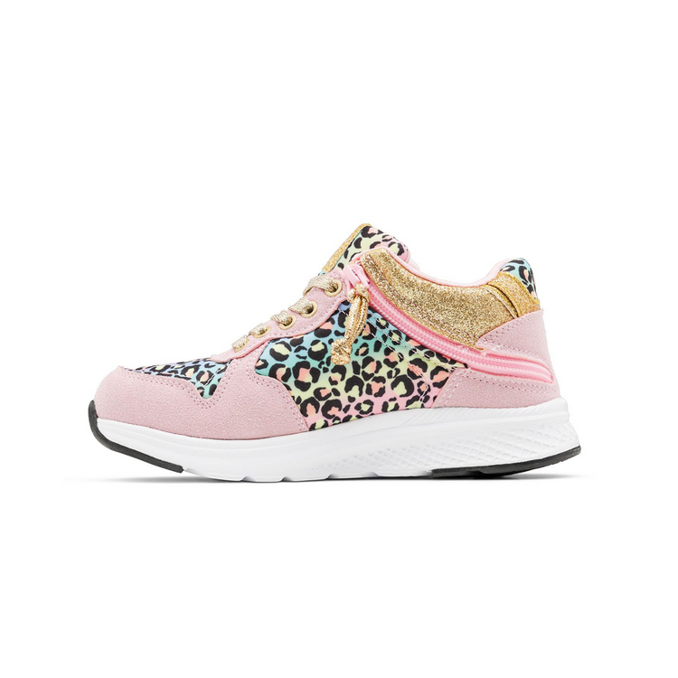 Pink, rainbow leopard, and gold shimmer kids high top shoe with white bottom and rear zipper access.