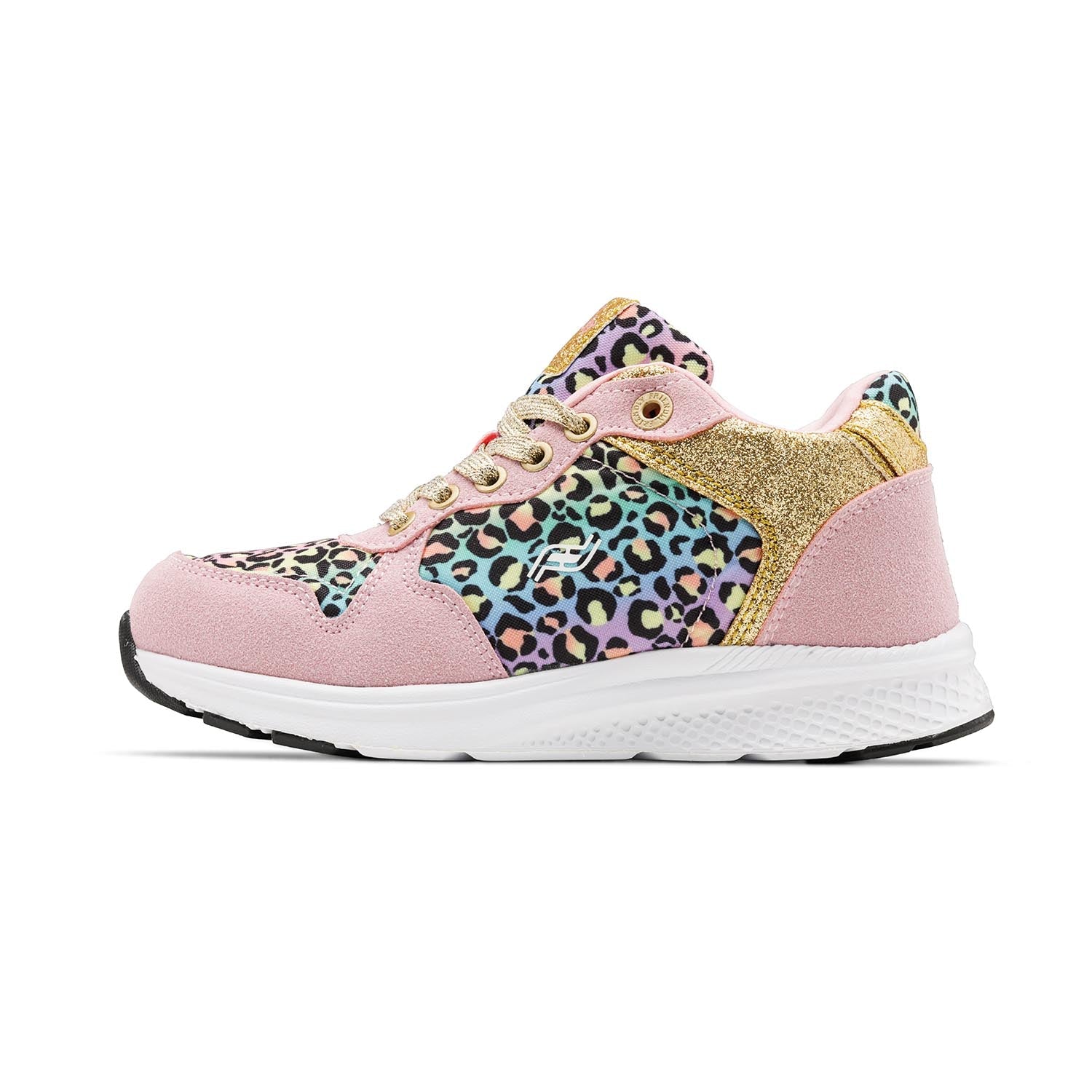 Pink, rainbow leopard, and gold shimmer kids high top shoe with white bottom and rear zipper access.