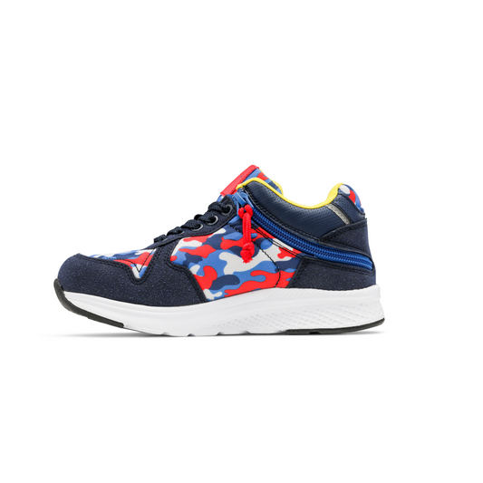 Primary color camo and Navy kids shoe with white bottom and rear zipper access.