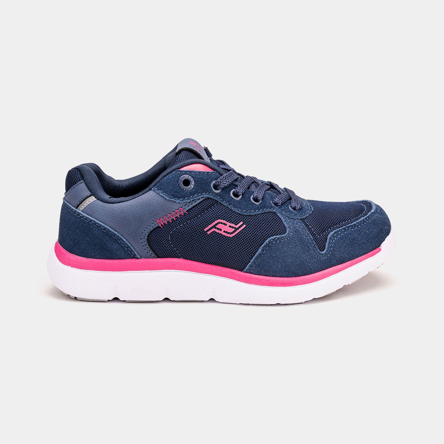Navy blue women's shoe with white bottom, hot pink accents, and rear zipper access.