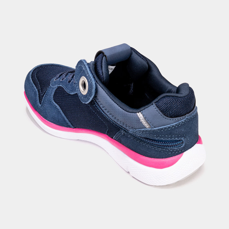 Navy blue women's shoe with white bottom, hot pink accents, and rear zipper access.