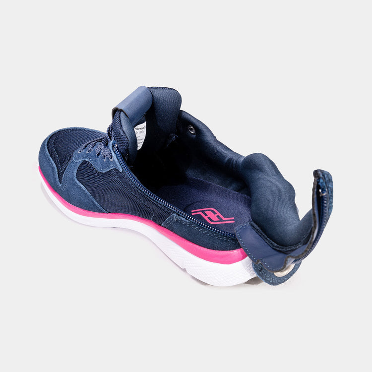 Navy women's shoe with hot pink accents and unzipped rear zipper access and navy interior.