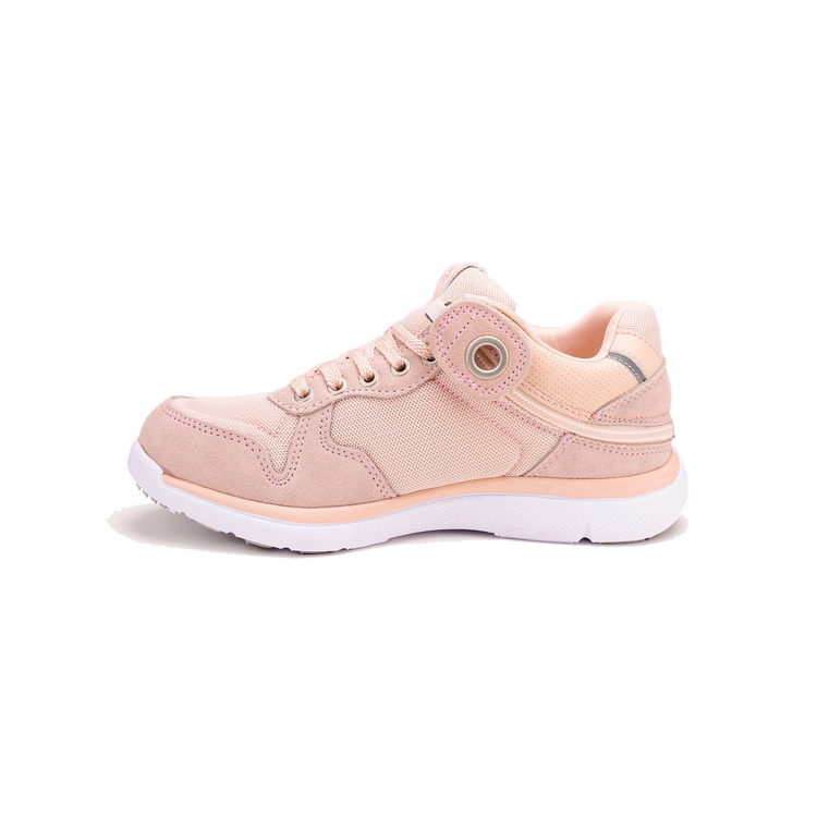 Peach women's shoe with rear zipper access and white anti slip soles.