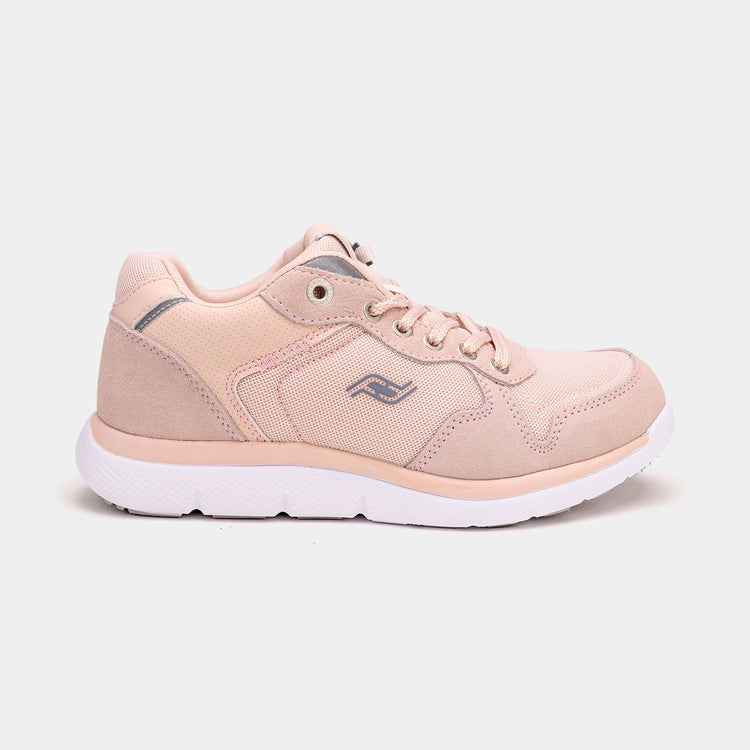 Peach women's shoe with rear zipper access and white anti slip soles.