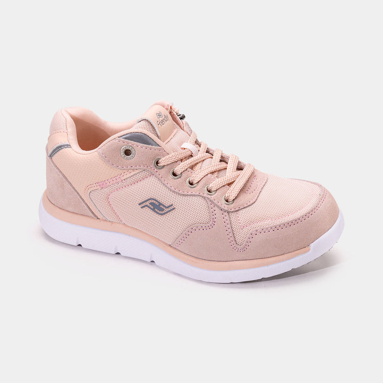 Peach women's shoe with rear zipper access and white anti slip soles.