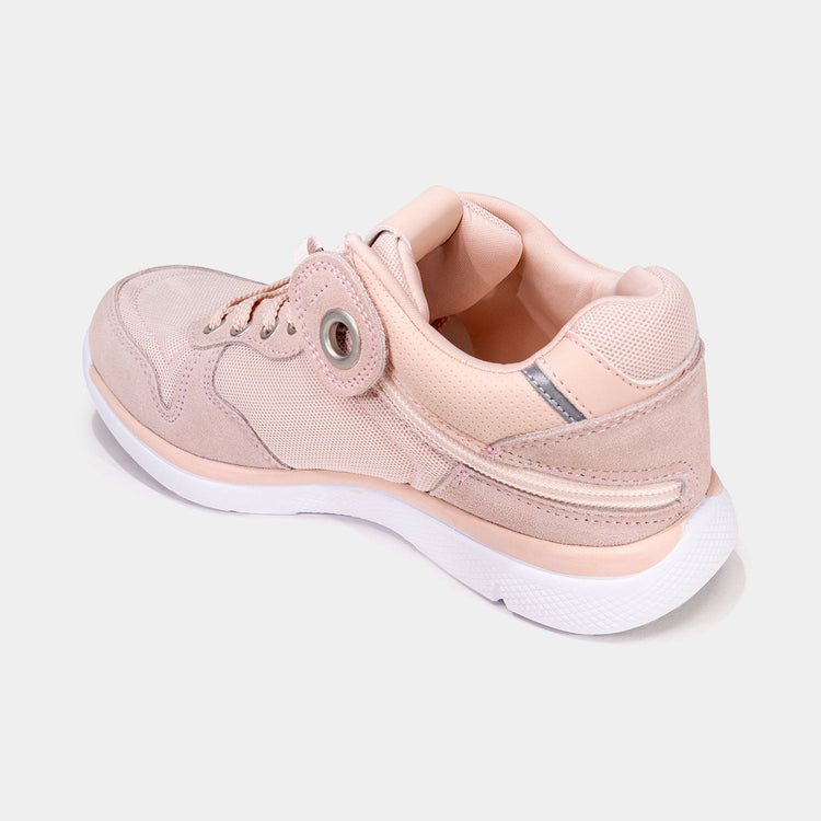 Peach women's shoe with rear zipper access and white anti slip soles.