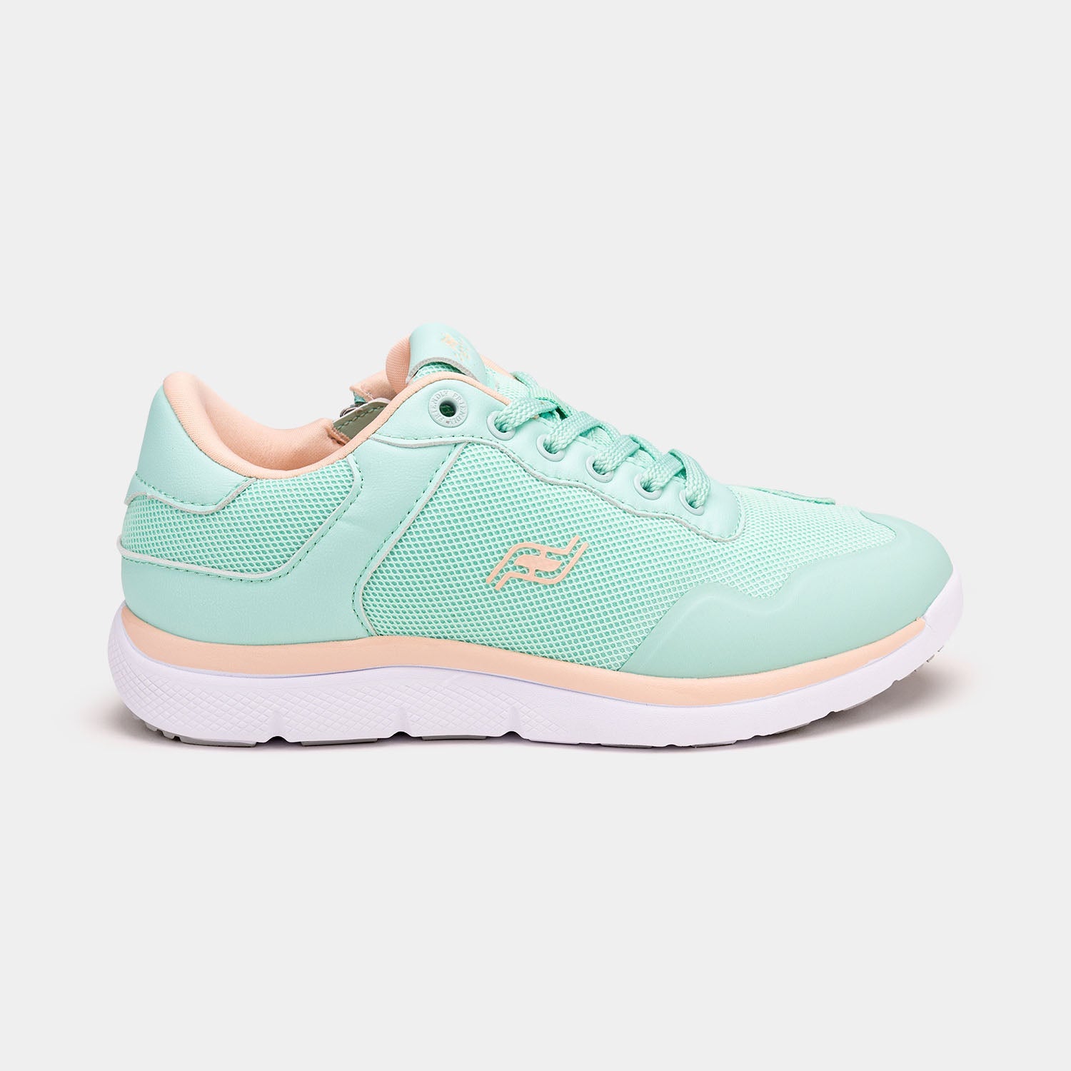 Mint women's shoe with white bottom, peach accents, and rear zipper access.