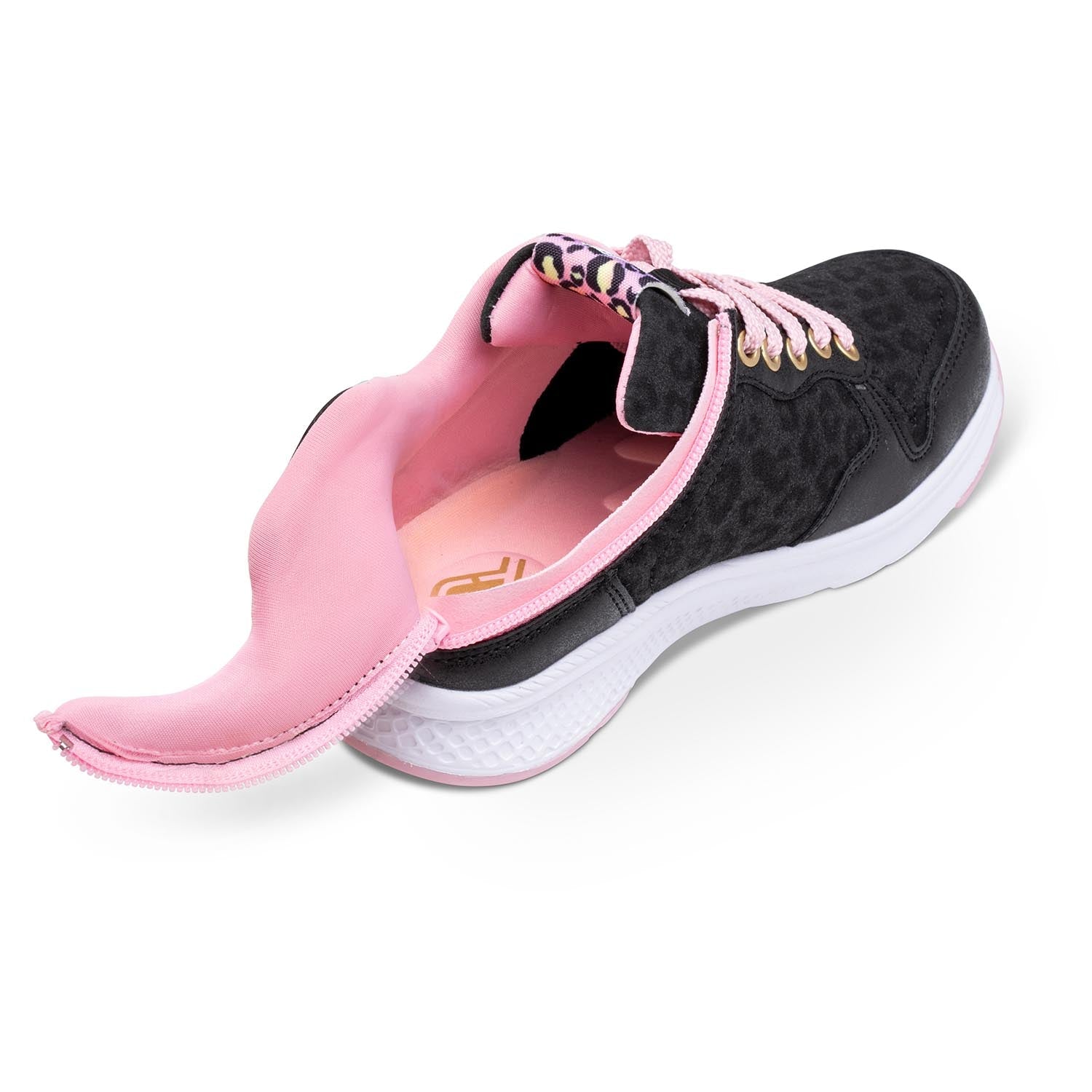 Black leopard kids shoe unzipped with rear zipper access and light pink interior padding.