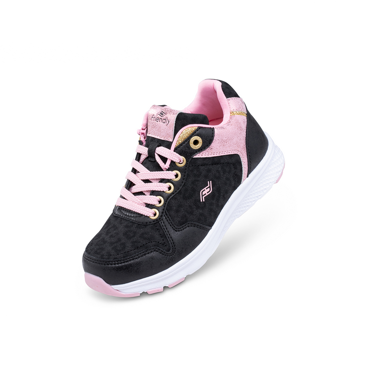 Black leopard print kids shoe with white bottom and light pink accents and rear zipper access.