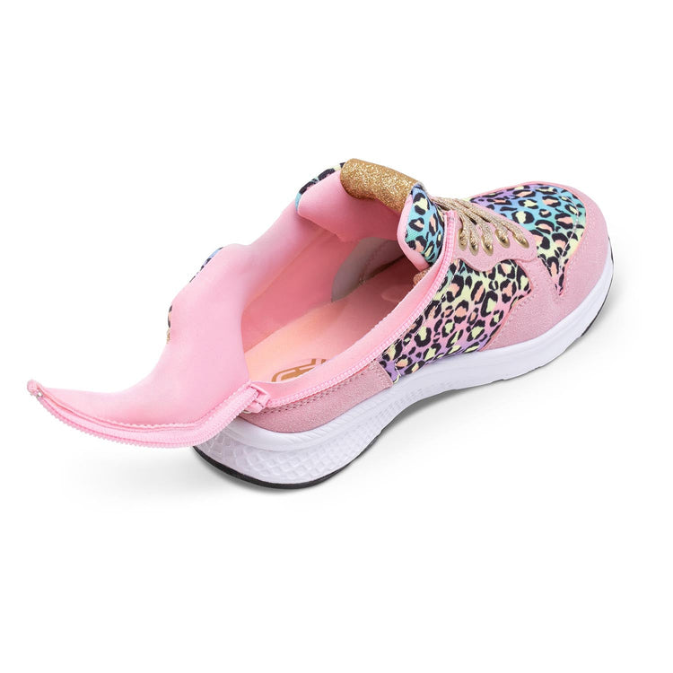 Rainbow leopard kids shoe unzipped with rear zipper access and pink interior padding.