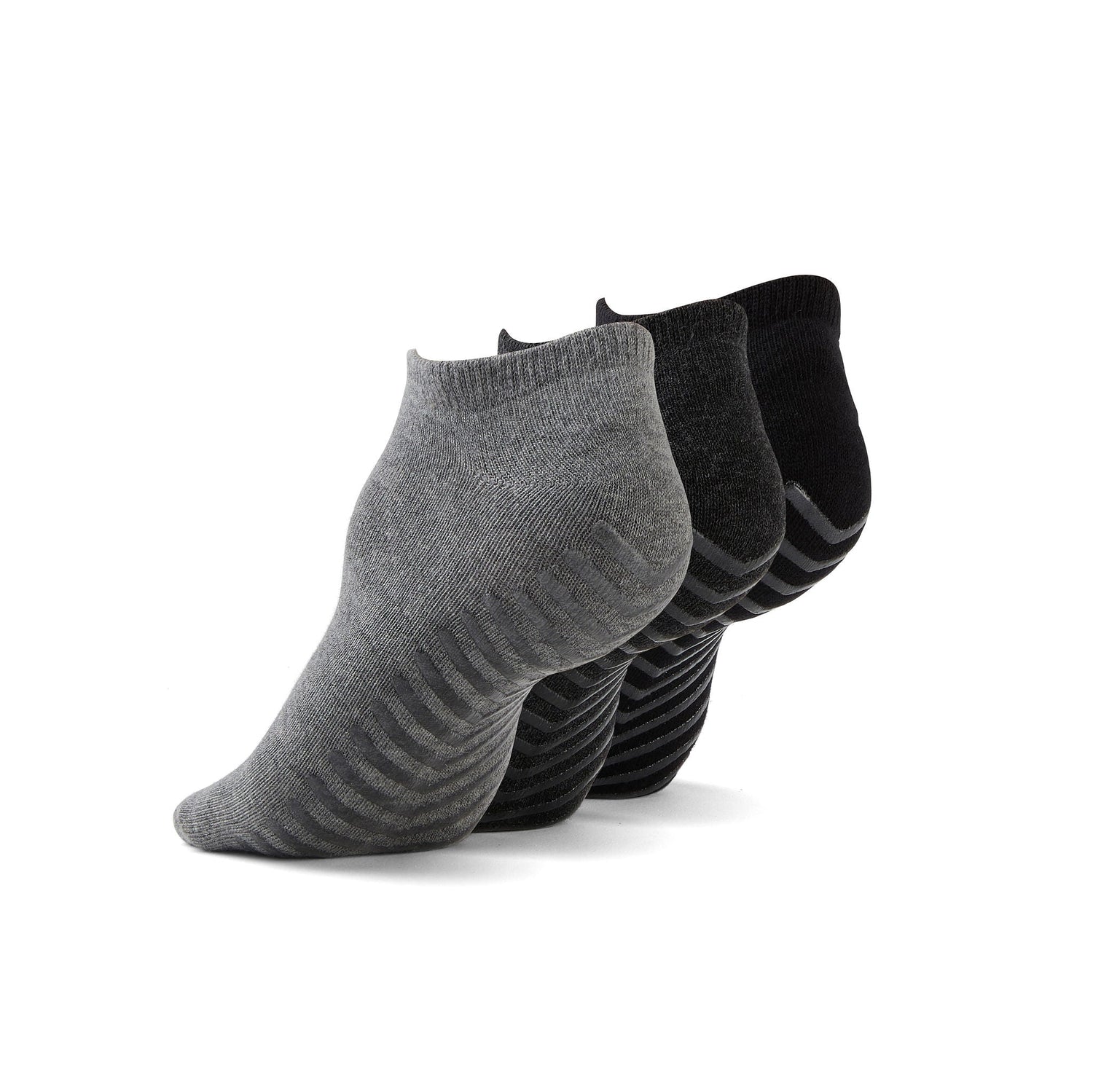 Light grey, dark grey, and black anti slip ankle socks.
