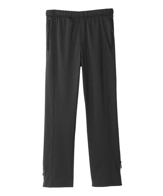 Black pants with zippers on the pocket and side, with elastic waist