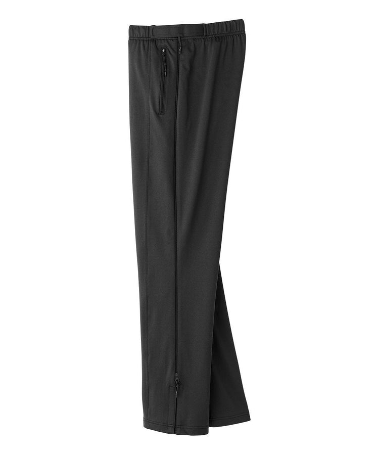 Black pants with zippers on the pocket and side, with elastic waist