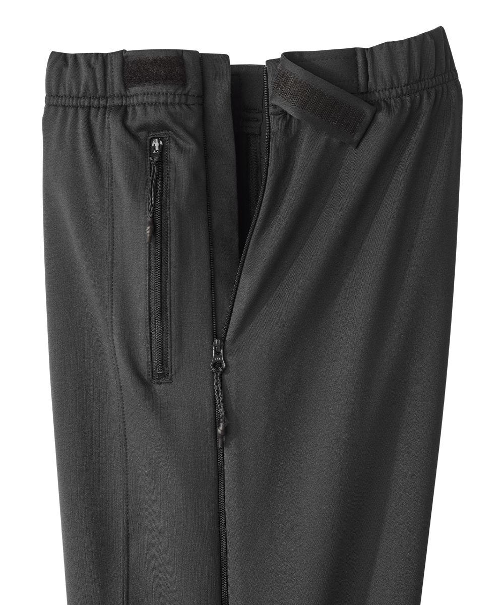 Black pants with zippers on the pocket and side, with elastic waist. Velcro opening on waist.