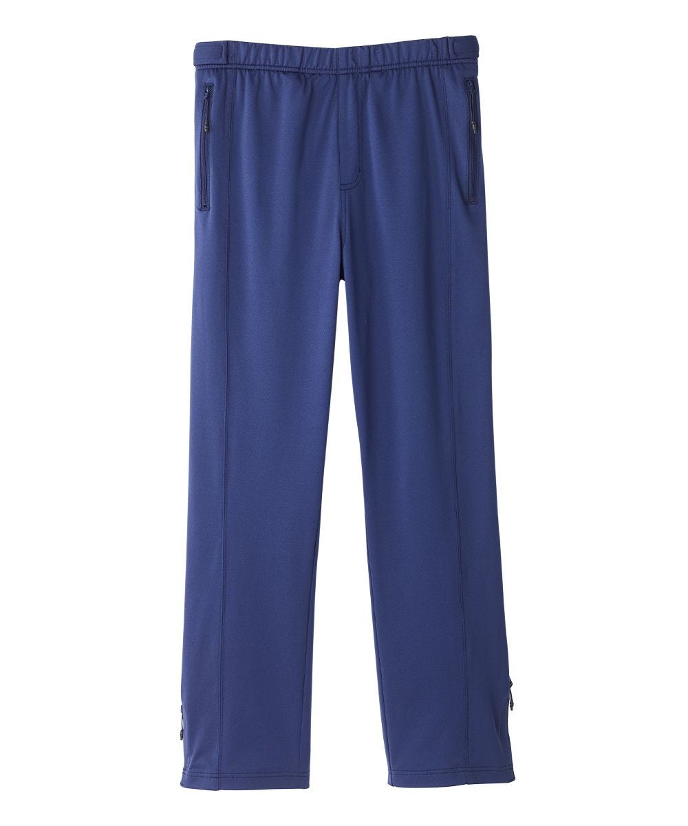 Blue pants with zippers on the pocket and side, with elastic waist