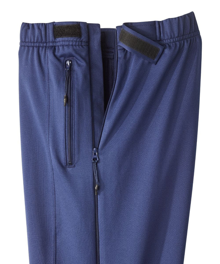 Blue pants with zippers on the pocket and side, with elastic waist. velcro on the waist