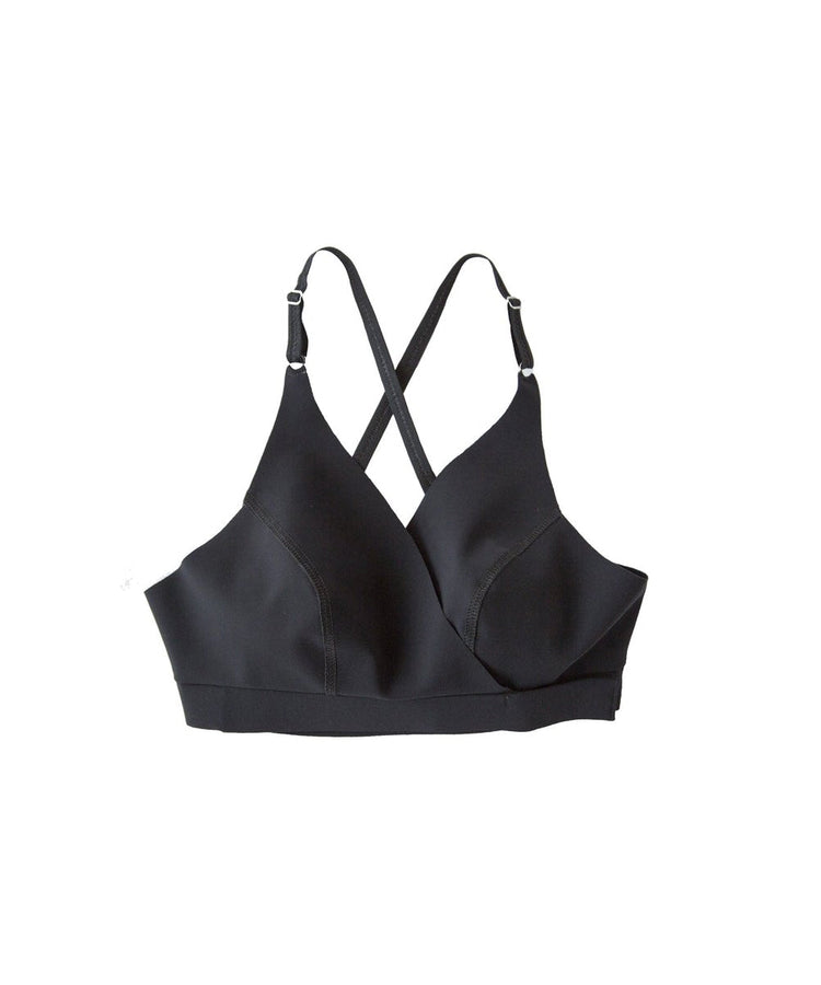 Black one piece racerback wrap bra with magnetic and velcro closures.
