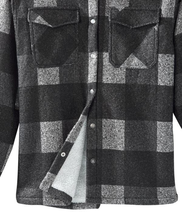mens black sherpa lined jacket with magnetic buttons