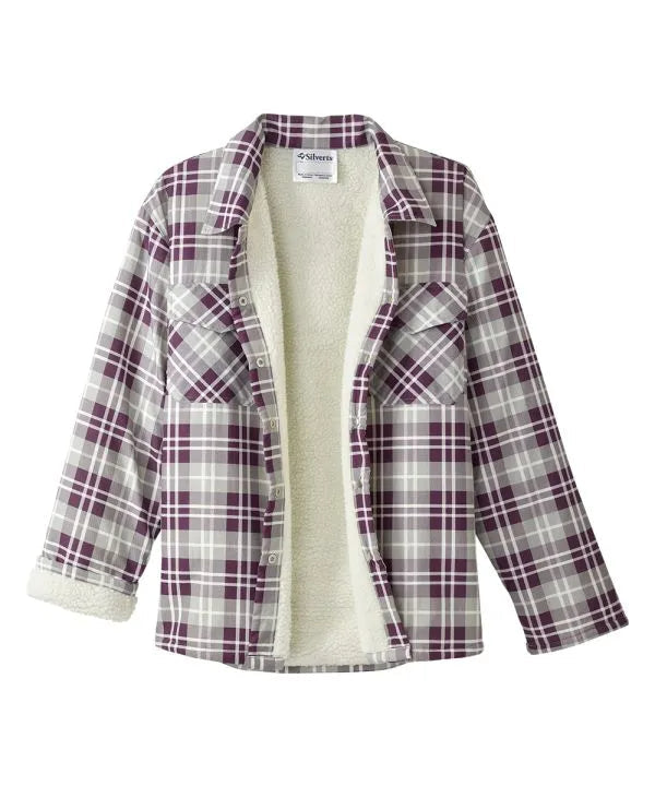 mens wine plaid sherpa lined jacket with magnetic buttons