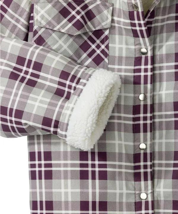 mens wine plaid sherpa lined jacket with magnetic buttons