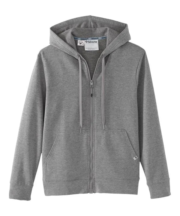 grey wrinkle resistant cotton and polyester hoodie with front pockets and magnetic zipper at front