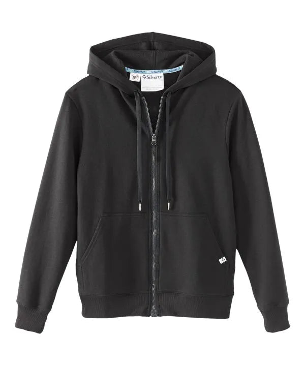 Black wrinkle resistant cotton and polyester hoodie with front pockets and magnetic zipper at front