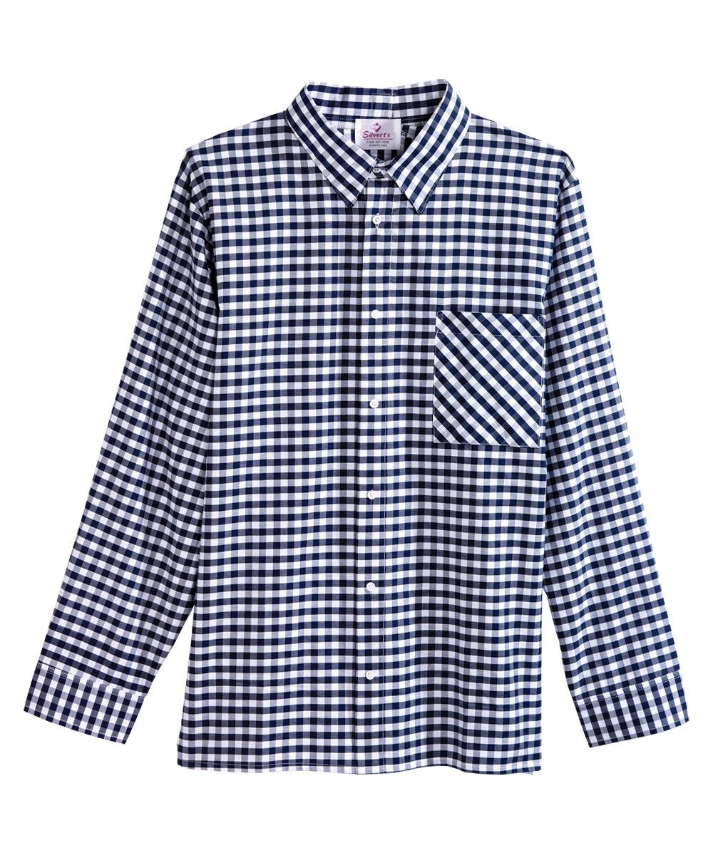 Men's blue checked button down shirt with magnetic closures