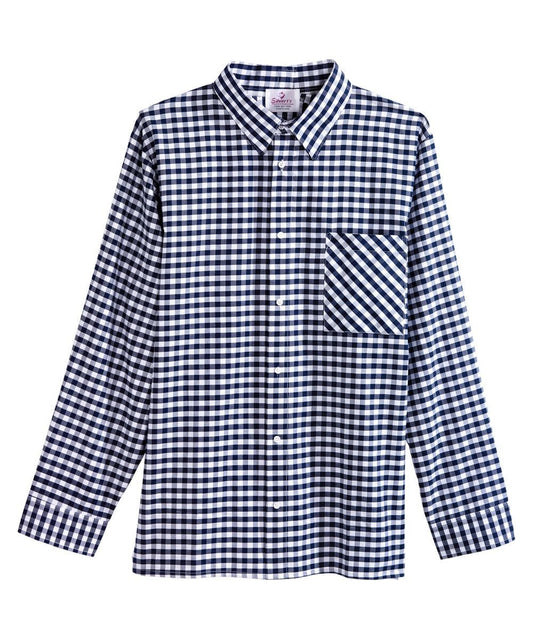 Men's blue checked button down shirt with magnetic closures