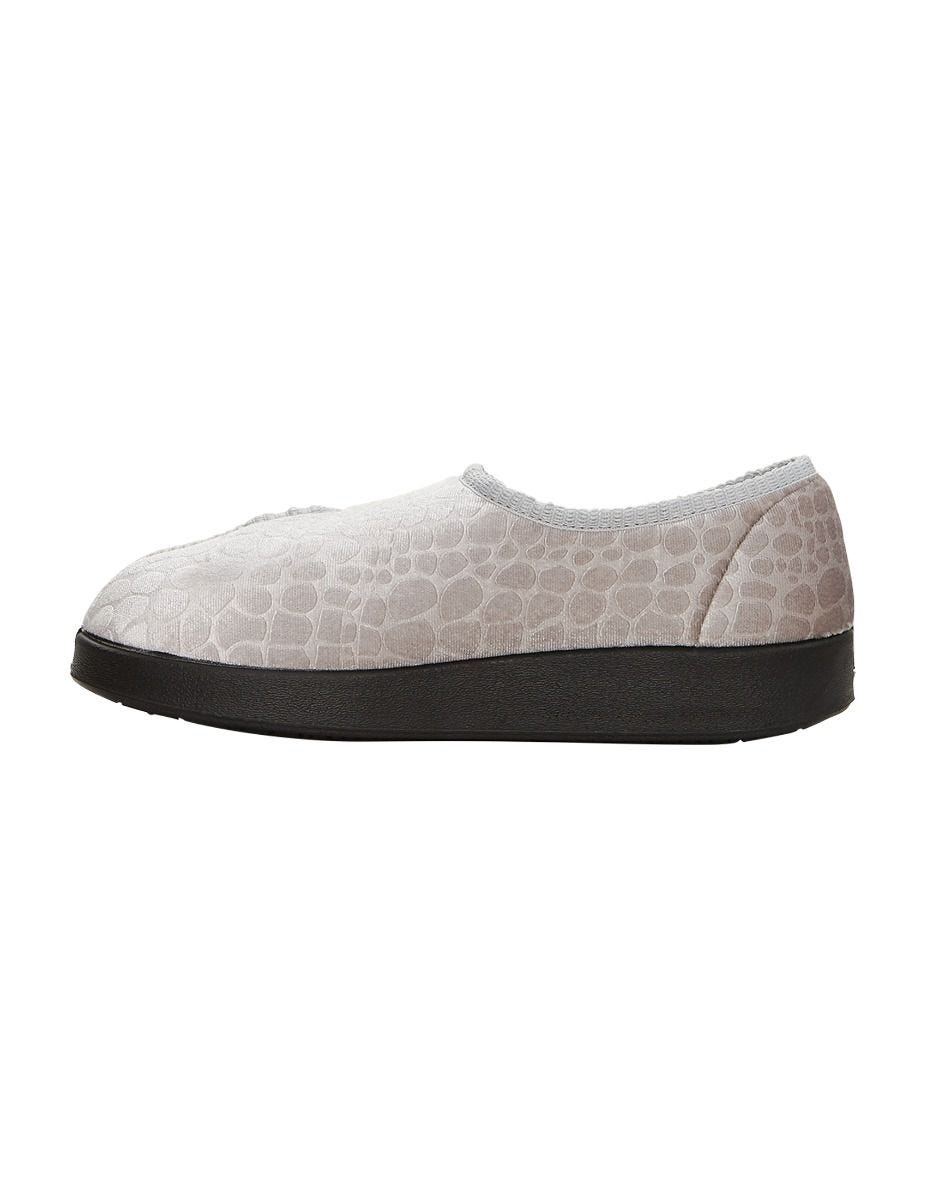 Side of the wide grey indoor slippers, with small curvy shapes all over the slipper