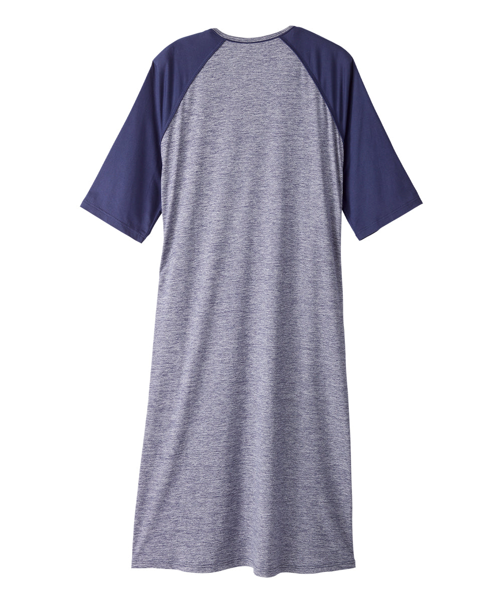 Back of Women's nightgown with indigo raglan sleeves and grey body