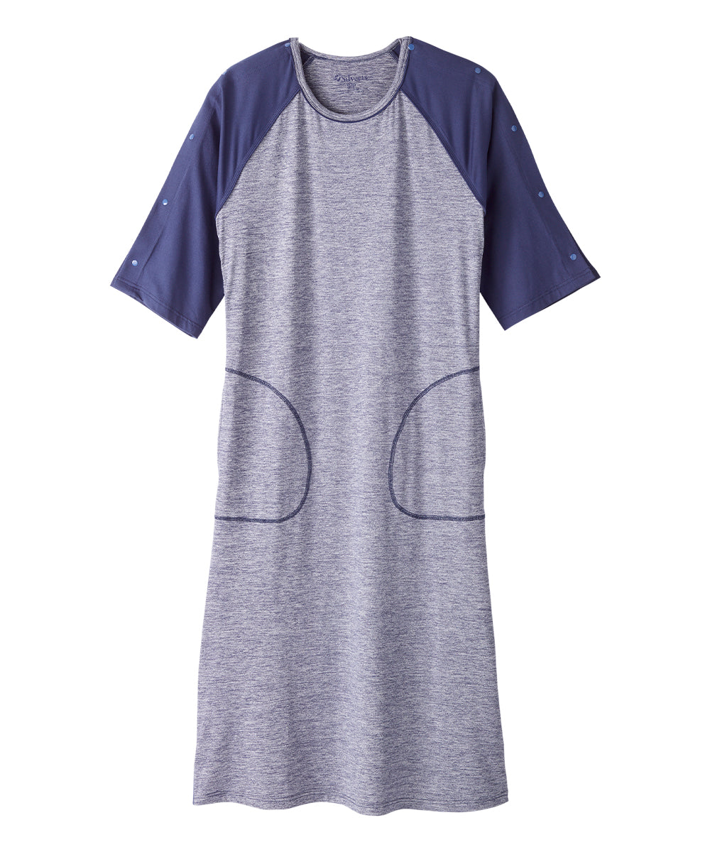 Women's nightgown with indigo raglan sleeves and grey body