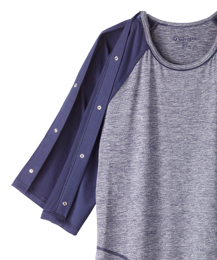 Women's nightgown with indigo raglan sleeves and grey body. Sleeves with snaps for access.