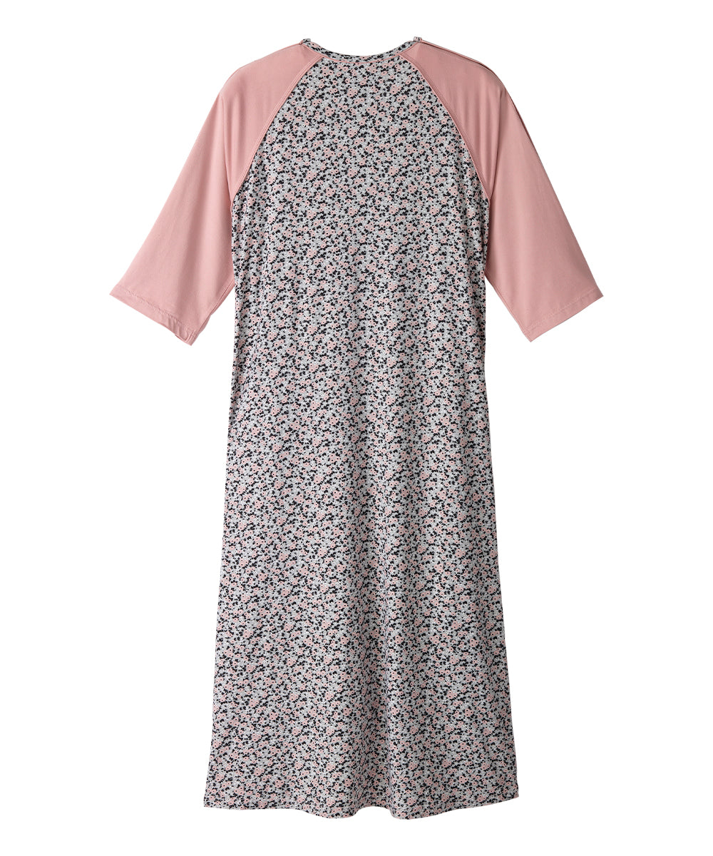 Back of Women's nightgown with pink raglan sleeves and print body
