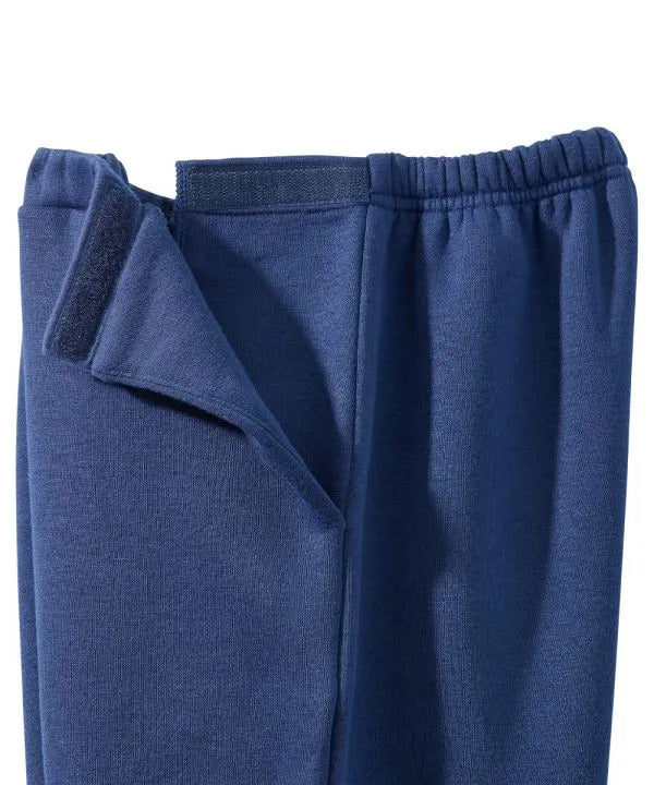 Close up of women’s navy side soft knit pants with elastic waist