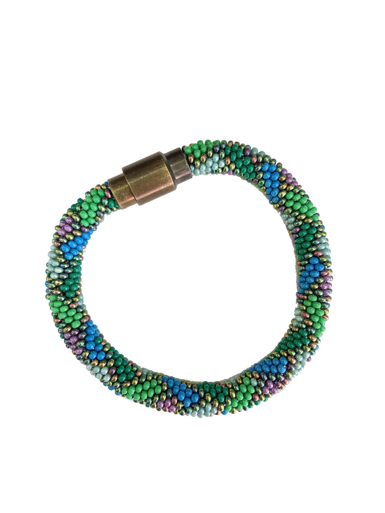 Green, blue, gold, and purple bracelet with vintage copper magnetic closure.