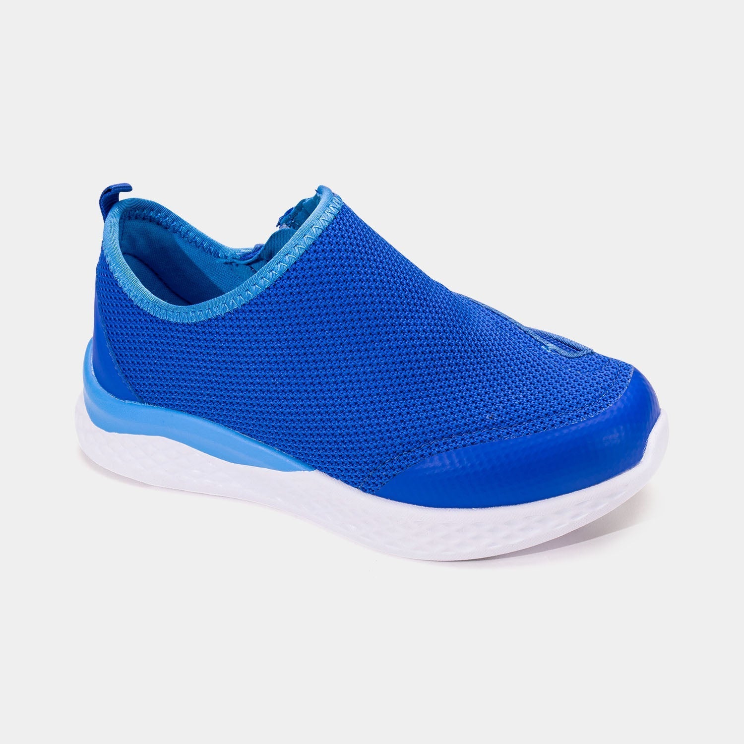 Medium blue kids shoe with white bottom, light blue accents, and side zipper access.