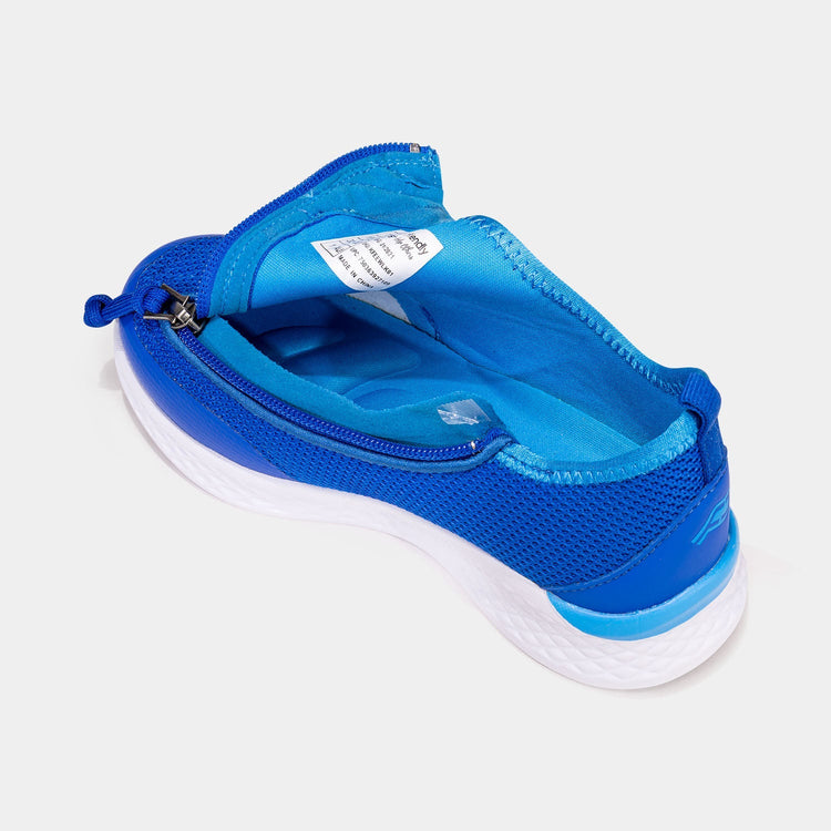 Medium blue kids shoe unzipped with side zipper access and light blue interior padding.