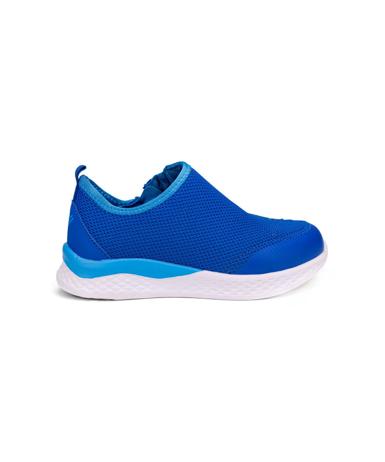Medium blue kids shoe with white bottom, light blue accents, and side zipper access.