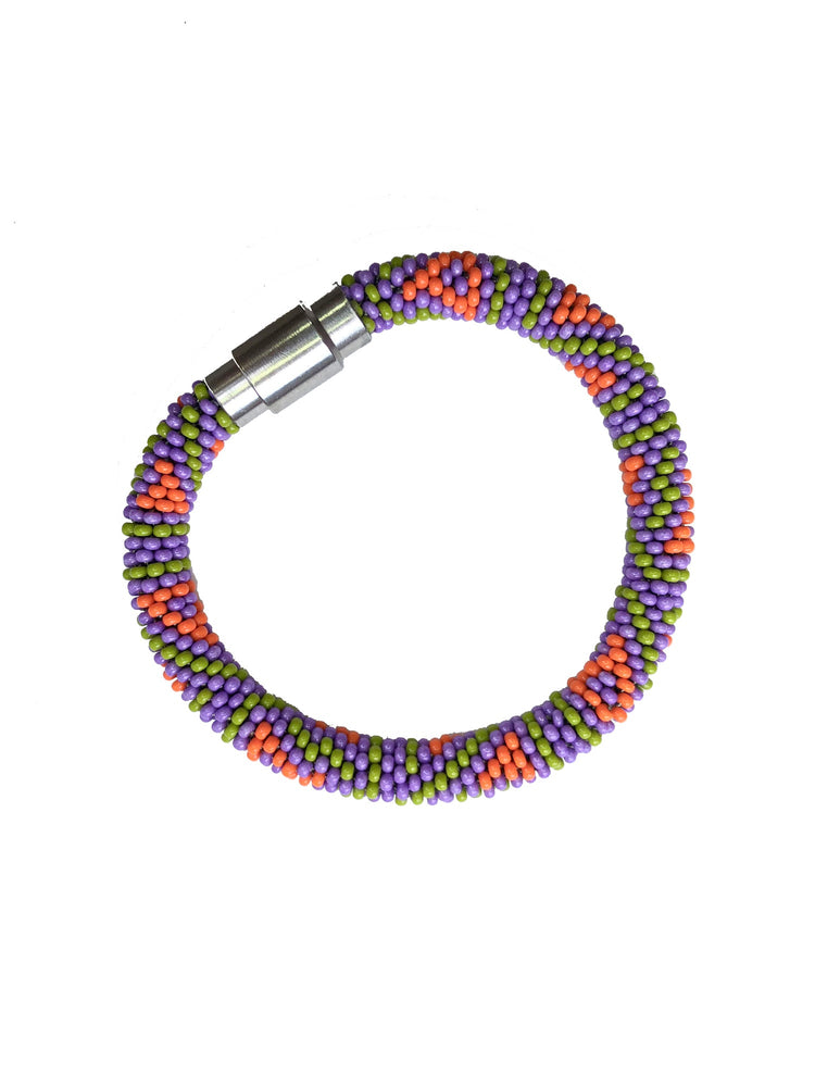 Purple, green, and orange bracelet with silver magnetic closure.