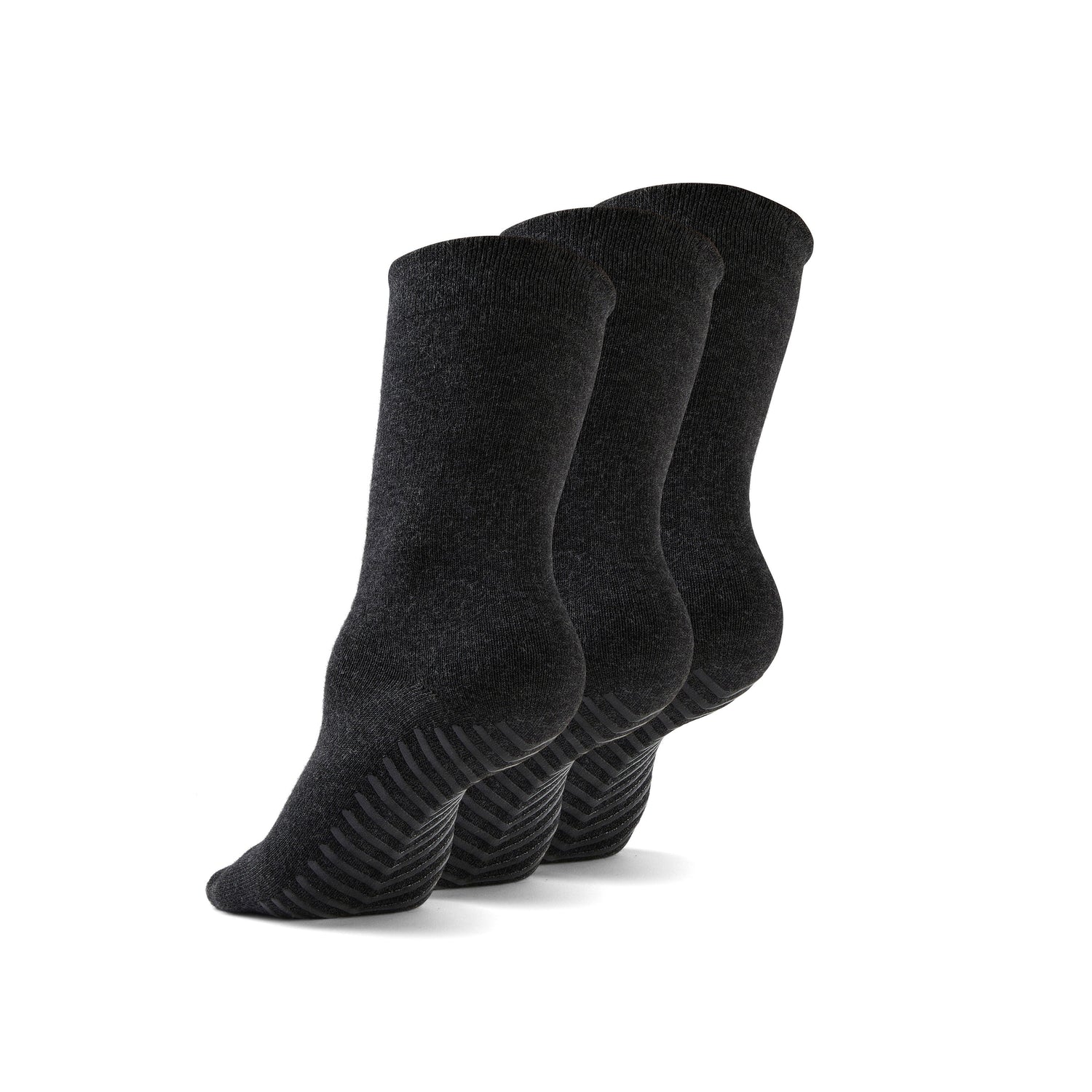 Dark grey anti slip socks made of soft cotton that sit just below the calf.