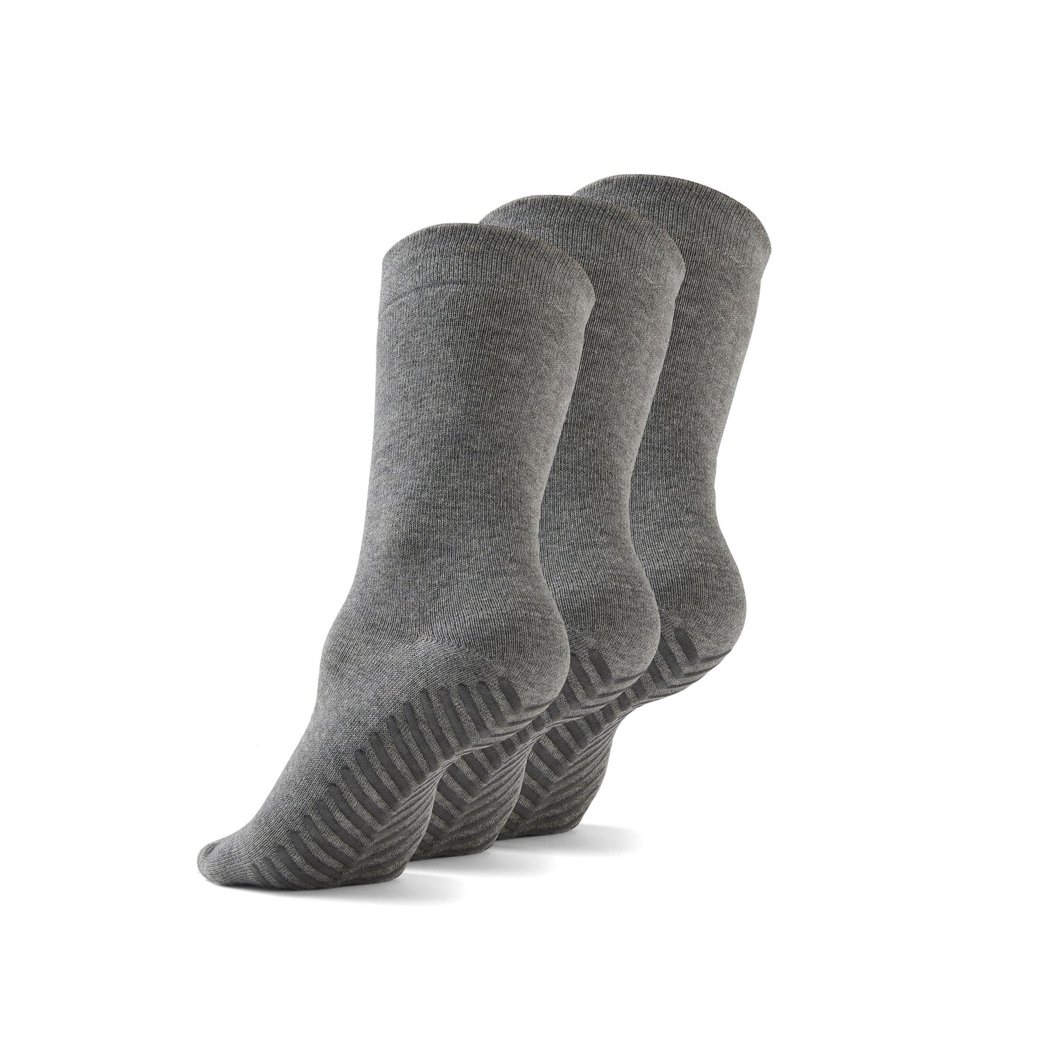 Light grey anti slip socks made of soft cotton that sit just below the calf.