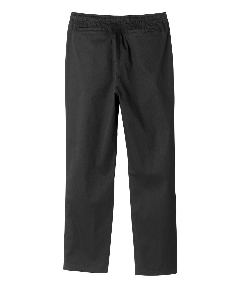 back of full length soft black cotton pants with elastic waist and two back pockets