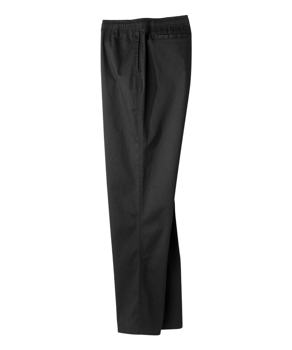 side of full length soft black cotton pants with elastic waist and pockets on side