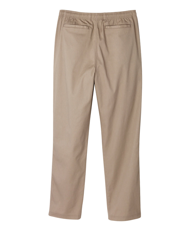 back of full length light brown cotton pants with elastic waist and two back pockets
