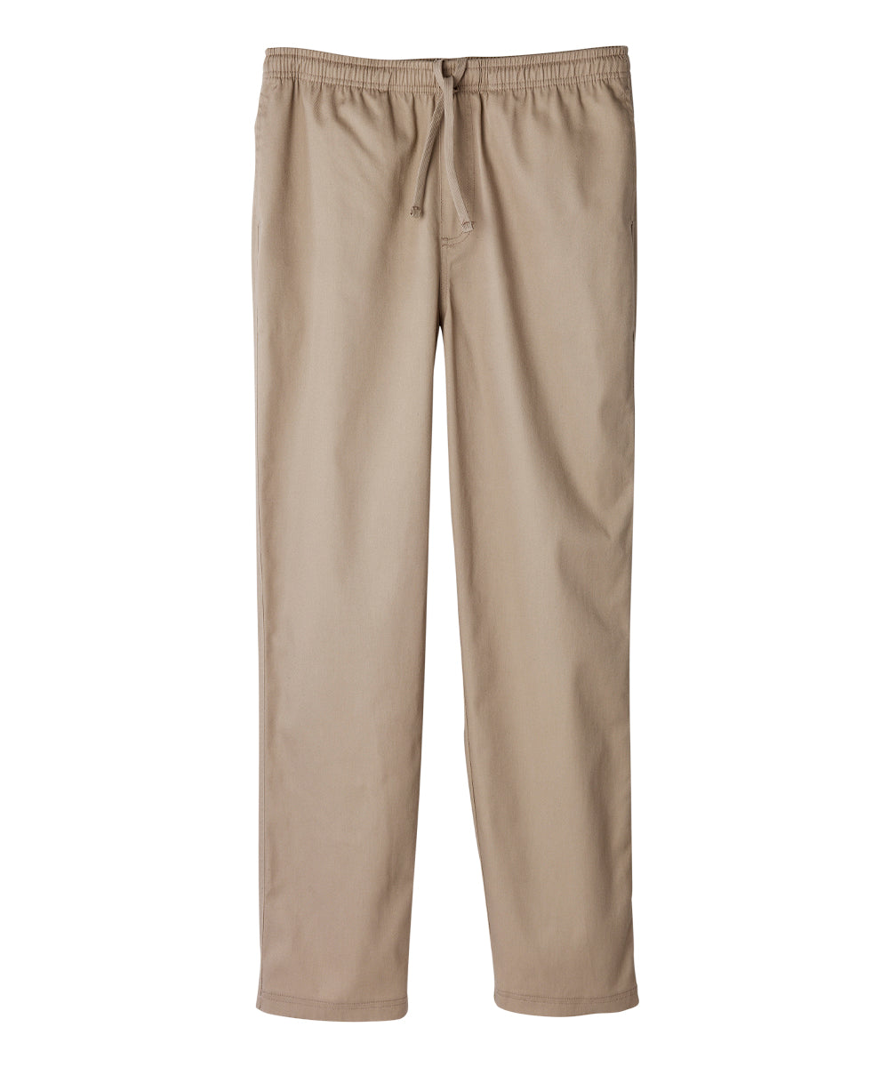 Men’s full length light brown cotton pants with elastic waist and drawstring at front