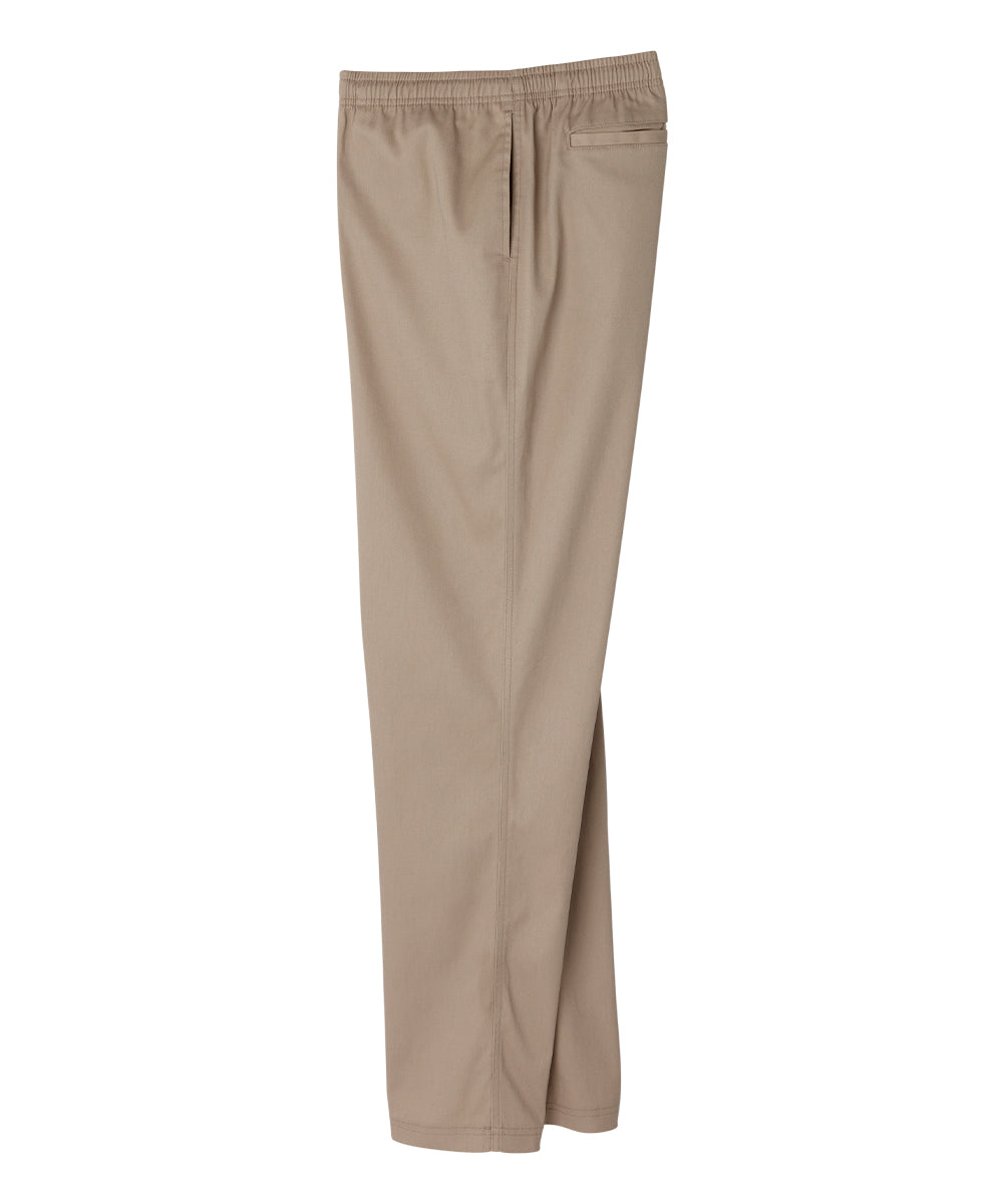 side of full length light brown cotton pants with elastic waist and pockets on side