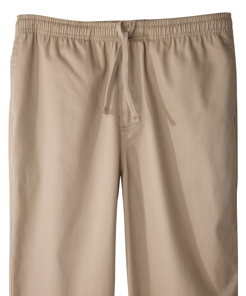 Front close up of brown cotton pants with elastic waist and adjustable drawstrings at front
