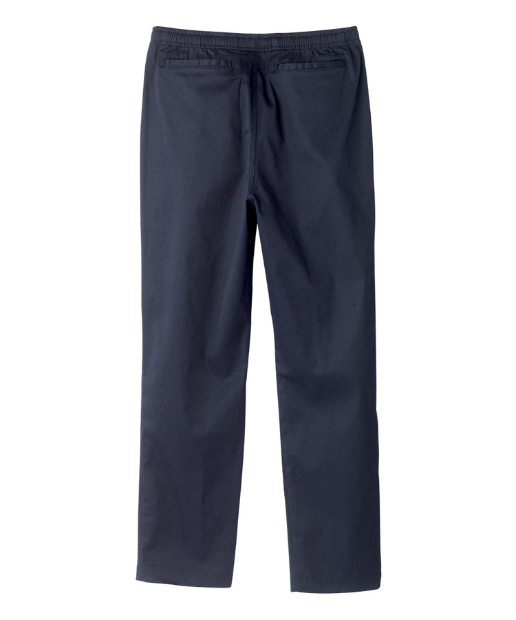 back of full length soft navy cotton pants with elastic waist and two back pockets